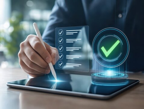 Business professional checking digital checklist and task progress on tablet screen with checklist, business