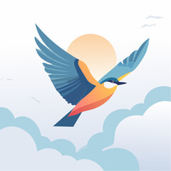 Fototapeta premium Stylized bird flying through a sky with a radiant sun and gentle clouds, embodying freedom