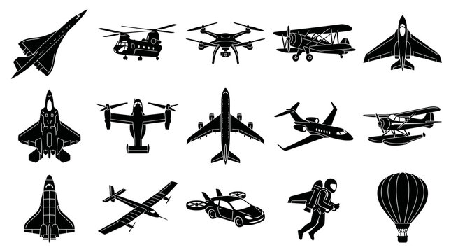Black  White Icons of Various Aircraft Types and Flying Vehicles