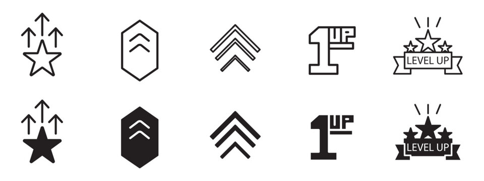 Level Up Icon Set, Gaming Experience Rank and Character Progression Vector Symbols