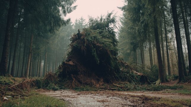 Massive Forest Landslide Burying Trees and Uprooting Vegetation in a Devastated Woodland Scene