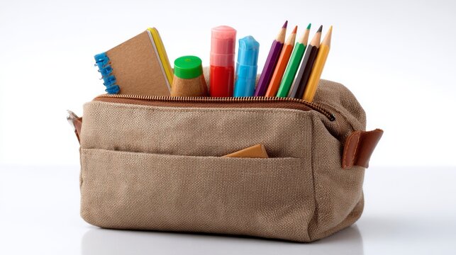 School backpack filled with colorful school supplies including notebooks pencils pens ruler scissors and stationery isolated on white background, back to school education concept with organized studen