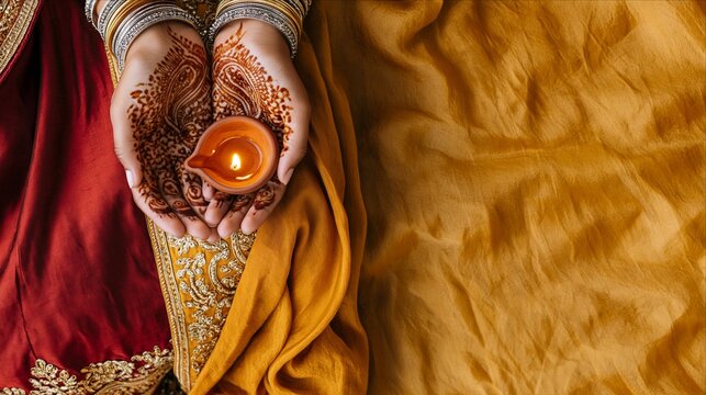 ndian woman holding traditional diya with mehndi hands during Diwali festival celebration