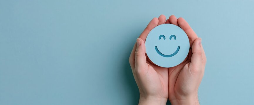 Hands holding a blue card with a smiley face icon for positive customer feedback