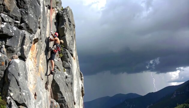 Rock climber scaling steep cliff under stormy lightning sky.