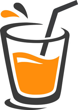 Orange juice glass logo vector, minimalist orange drink icon with straw and splash for cafe branding.