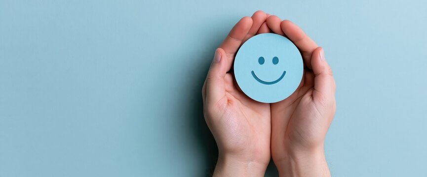 Happiness and smile token in hands representing customer feedback and mental care
