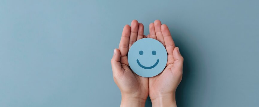 Happiness and a smile shown by human hands holding a customer satisfaction icon