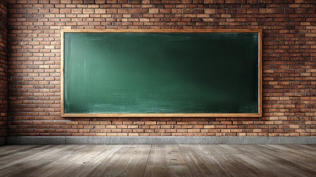 Blank green chalkboard mounted on a rustic brick wall in empty classroom, clean blackboard background for school education, teaching lessons, classroom learning, copy space for text, back to school co