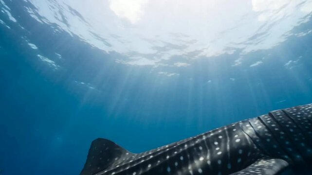 Majestic Whale Shark Swimming in Sunlit Tropical Ocean Waters