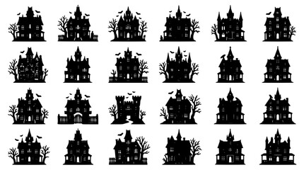 Fototapeta premium Haunted Houses with Bats and Trees in a Spooky Halloween Scene Featuring Silhouette, Black, White with Vector and Illustration