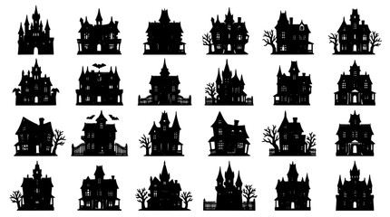 Obraz premium Haunted Houses with Silhouettes of Trees and Bats in a Spooky Halloween Scene Featuring Gothic, Architecture, Dark with Eerie
