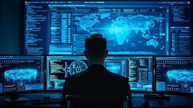 Person working on multiple computer screens
