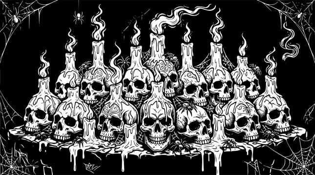 Skull Candles Melting Wax Halloween Graphic with Dripping Flames and Creepy Gothic Ornament on Black Background