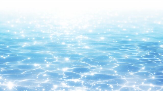 明るい白背景へ溶け込む青い水面に光のきらめきと波紋が広がる爽やかで透明感のある夏向け抽象背景素材