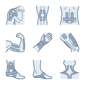 Minimalist vector illustration set of kinesiology taping for body joints