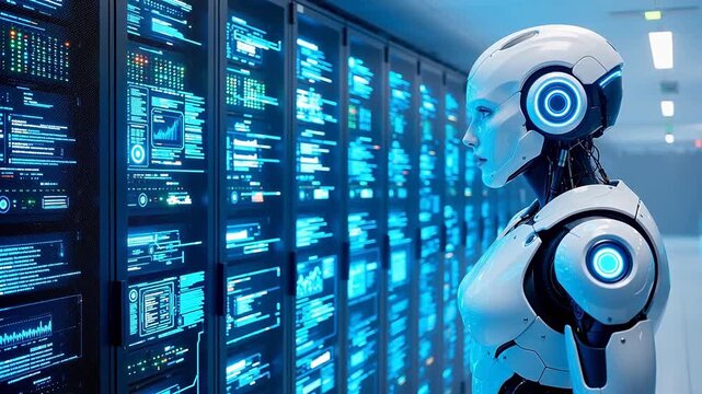Futuristic robot in server room