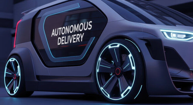 Autonomous delivery vehicle represents evolution of e commerce logistics with futuristic design and glowing blue lights enhancing night visibility
