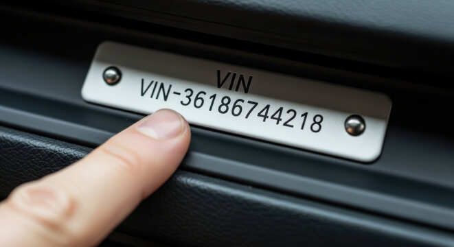 Car insurance accident estimate vin identification Vehicle vin plate closeup for car insurance accident estimate with finger