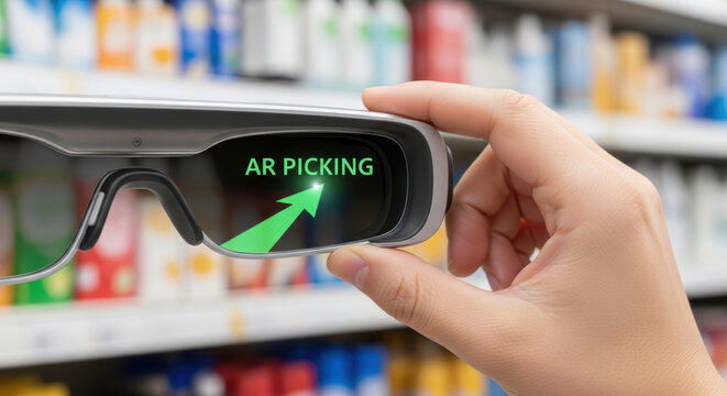 Augmented reality picking glasses showing green arrow retail store shelf with colorful products e commerce logistics evolution technology concept