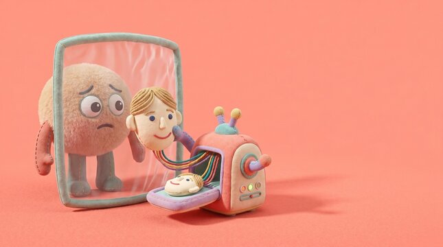 Conceptual AI identity theft; plush character receiving human mask from machine on pink background, illustrating deepfake cybersecurity risks.