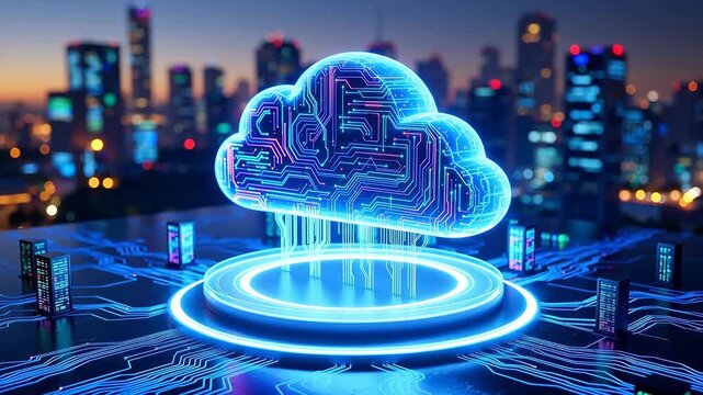 Cloud computing symbol with cityscape