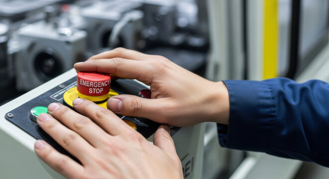 Emergency stop button pressed by worker hand in factory safety control panel for machine protection and accident prevention