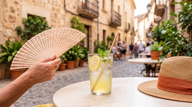 Cold lemonade with mint, straw hat, and hand fan on outdoor cafe table during European heatwave in a historic Mediterranean street.