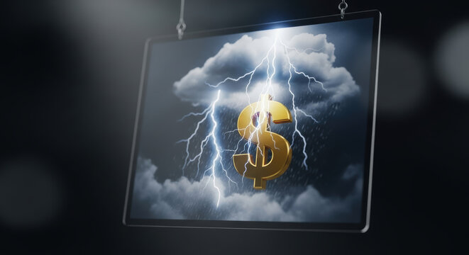 Urgent financial risk symbolized by golden dollar sign struck by lightning in stormy clouds showing trouble and instability in economy and money