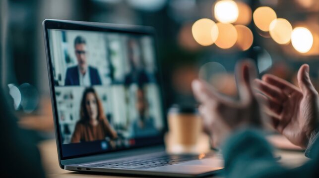 Laptop screen showing a professional virtual video conference meeting at work