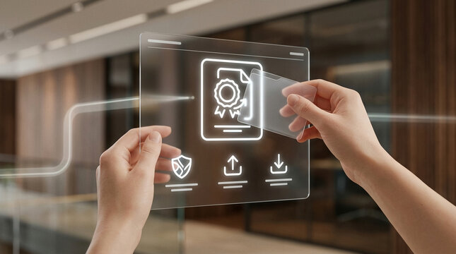 Online Document Verification and Digital Certification Concept Using Futuristic Glass Interface Held by Hands in Corporate Environment
