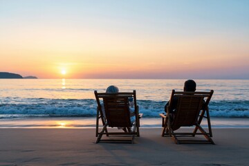 Fototapeta premium Couple and senior pair enjoying a peaceful beach sunset during a relaxing vacation