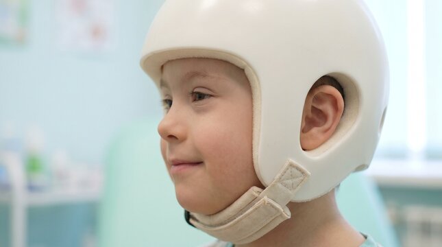 Child wearing a white cranial orthosis helmet during pediatric rehabilitation, close-up head protection concept in a bright clinic.