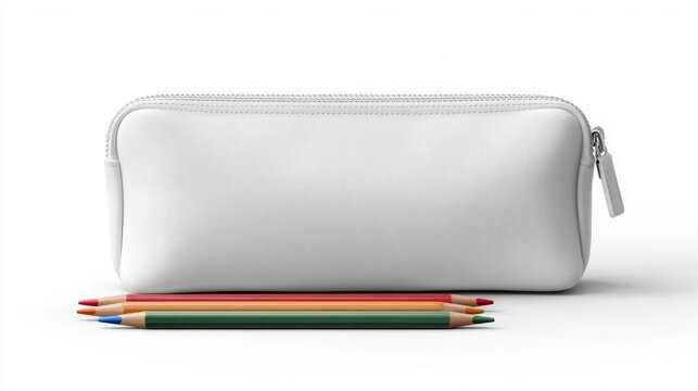 Pencil case mockup isolated on white background with blank school stationery organizer for custom branding, education supplies presentation, student essentials packaging design template, back to schoo