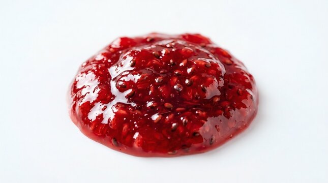 Close-up of a dollop of vibrant red raspberry jam on a white background.