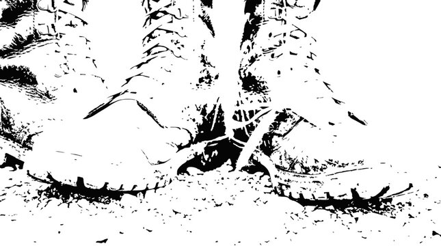 Close-up of rugged combat boots standing on textured ground, military style
