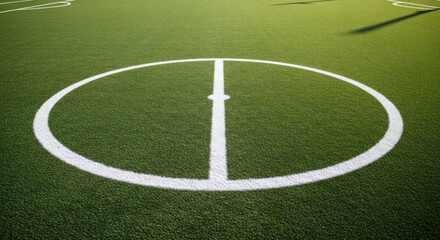 Obraz premium Close-up of the center circle and line on a vibrant green soccer field, highlighting the details of the sports turf