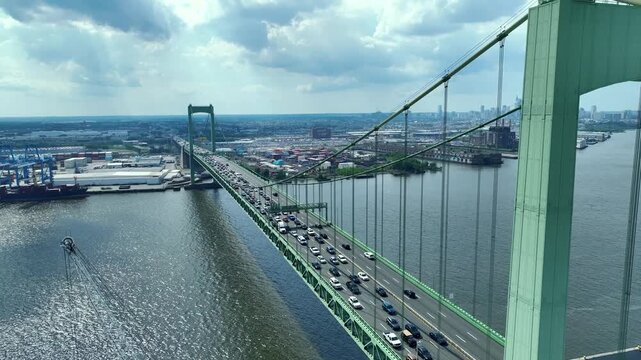 Crossing the bridge between the cable stays in Atlantic City, USA &mdash; cinematic color grading