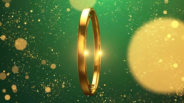 Elegant golden ring rotating on a shimmering green background with bokeh lights