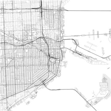 Miami City Map Poster Street Map JPG Stark Technical Black White Grey Zone Wall Art