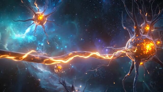 Glowing neural network firing electrical impulses in a cosmic space background