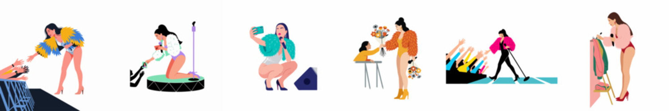 A collection of flat vector illustrations featuring glamorous female pop stars performing on stage and interacting with their fans in various concert settings.