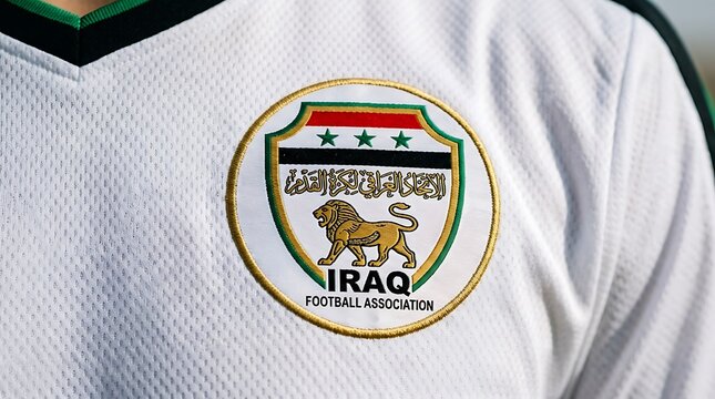 White Iraq soccer jersey featuring lion and flag crest with arabic calligraphy embroidery.