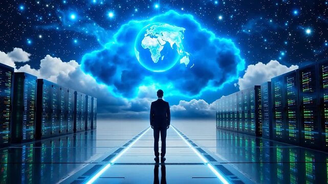 Man in suit facing server room with glowing earth