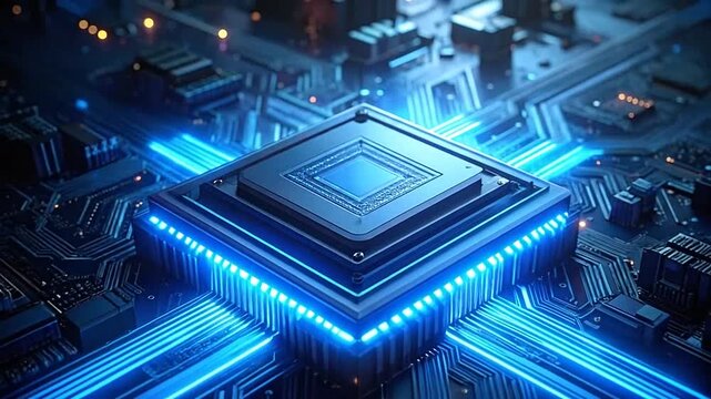 A glowing blue central processor unit sits on a complex digital circuit board