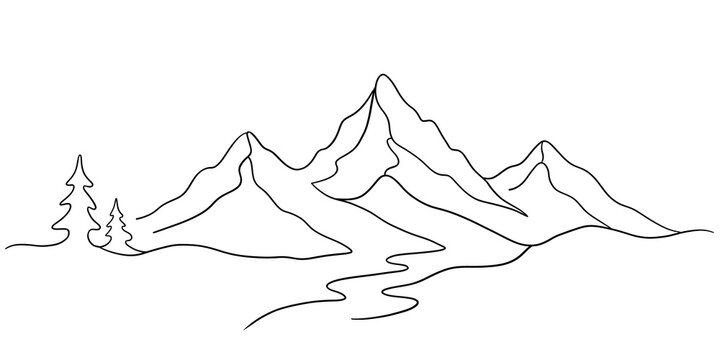 Continuous Line Drawing Mountain Landscape Scene