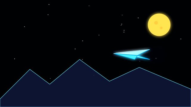 Neon paper airplanes soar across dark night skies during summer travel as glowing trails trace flight paths in this tranquil shoulder season aesthetic motion graphic animation