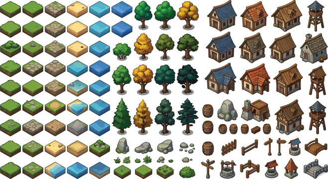 Isometric game asset kit with terrain tiles trees medieval houses and environmental props for strategy world building game design