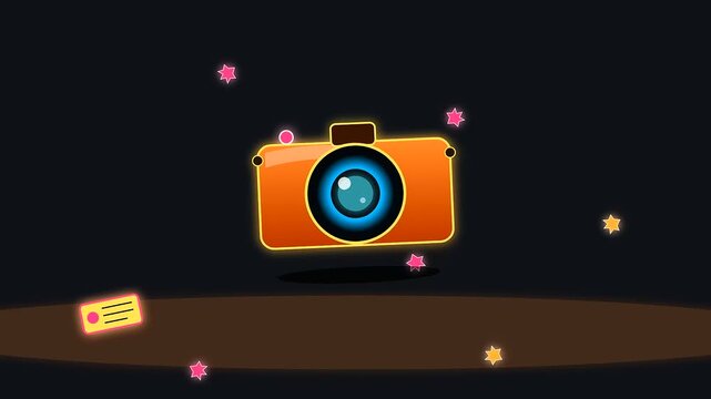 orange cameras floating during summer travel or shoulder season with vibrant star shapes and golden tickets in a whimsical digital motion graphics animation loop sequence
