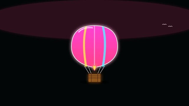 vibrant neon hot air balloons drifting through a deep dark night sky during summer travel and shoulder season adventures in a dreamlike digital animation sequence